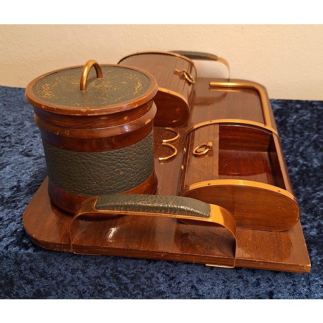 1930s Art Deco Pipe Smoking Set with Walnut Tray, Handles and Lid in Green Leather with Copper Applications, 1930s For Sale - Image 5 of 8