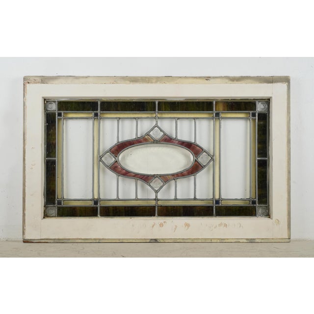 Pink Antique Arts & Crafts Leaded Stained Glass Window 34.75 X 21.75 In. For Sale - Image 8 of 8