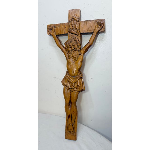 Big Vintage Hand Carved Wood Folk Art Religious Jesus Crucified Cross Sculpture For Sale In New York - Image 6 of 15