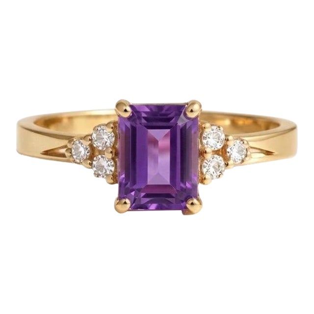 Amethyst Emerald Cut Cubic Zirconia Ring, Wedding Engagement Promise Ring for Woman For Sale