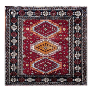 Vintage Persian Tribal Square Rug, Hand-Knotted Wool, Geometric Medallions Pattern, 4x4, Red & Blue For Sale