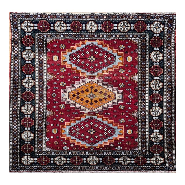 Vintage Persian Tribal Square Rug, Hand-Knotted Wool, Geometric Medallions Pattern, 4x4, Red & Blue For Sale