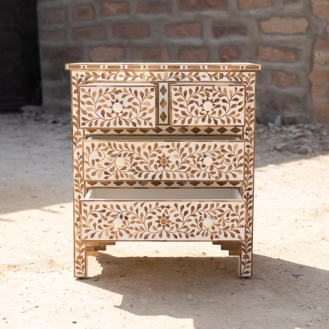 Arabesque Teak Wood Inlay Four-Drawer Chest by House of Jaipur For Sale - Image 4 of 7