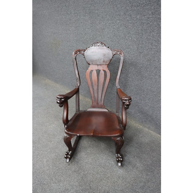 Antique Horner Style Mahogany Carved Lion Arm Rocking Chair For Sale - Image 4 of 11