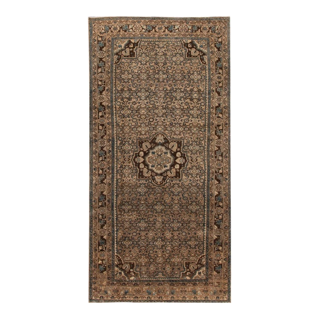 1960s Vintage Persian Distressed Brown Handmade Medallion Wool Runner For Sale