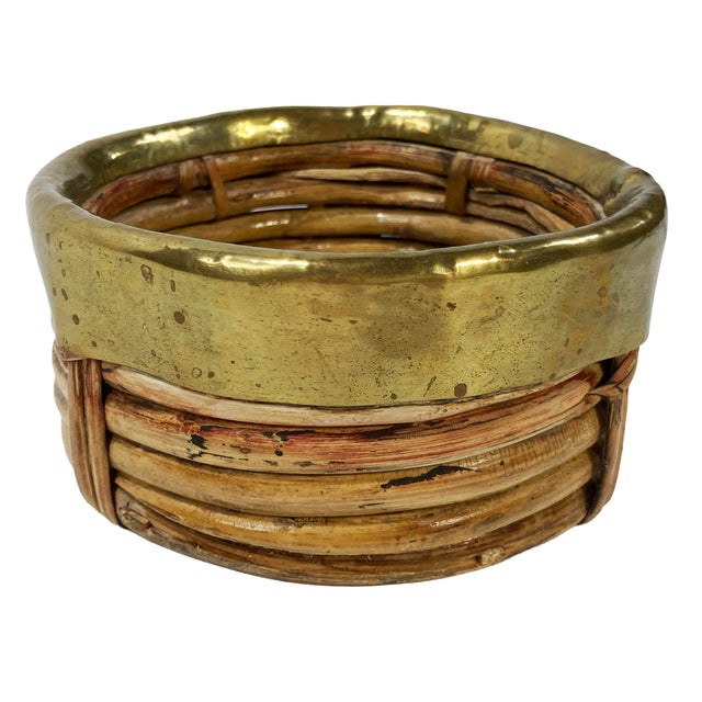 Gabriella Crespi Vintage Italian Crespi Style Rattan and Brass Rim Wine Coaster For Sale - Image 4 of 7