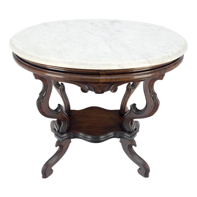 Marble Top Oval Carved Walnut Victorian Lamp Side Occasional Table For Sale