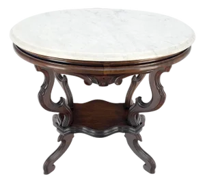 Marble Top Oval Carved Walnut Victorian Lamp Side Occasional Table