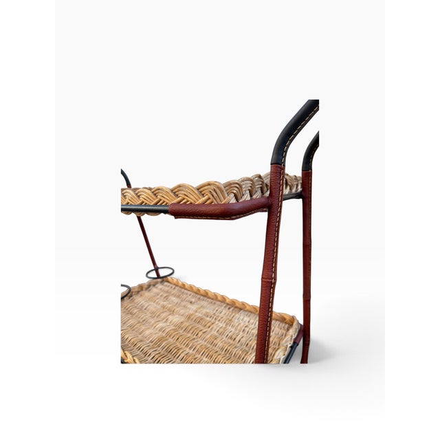 Stitched Leather and Rattan Bar Cart by Jacques Adnet, 1950s For Sale - Image 4 of 14