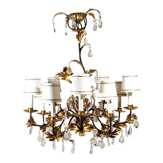 Italian Rococo Gold Leaf & Crystal Chandelier For Sale