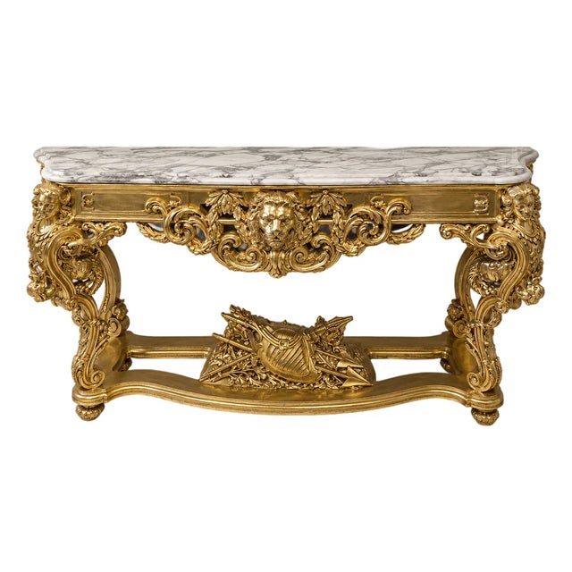 Grand French-Style Console Table – Marble Top With Ornate Gold Leaf & Gilded Bronze Details For Sale