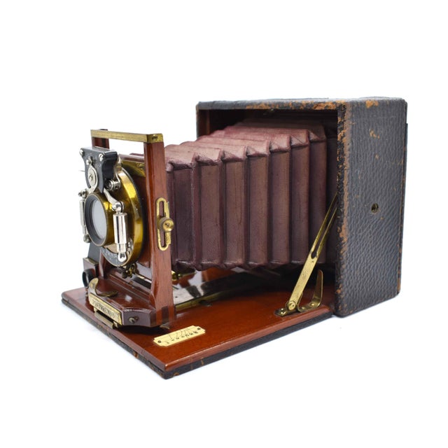 Victorian Antique 19th Century Mahogany & Brass Pony Premo B by Rochester Optical Co. Folding Camera With Red Bellows For Sale - Image 3 of 12