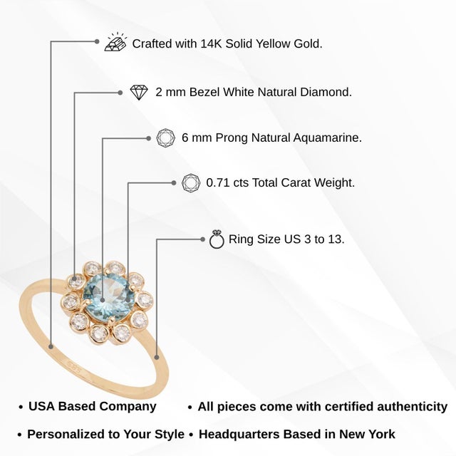 14k Yellow Gold Aquamarine & Diamond Vintage Sunburst Halo Ring Size 5.5 For Sale - Image 13 of 18