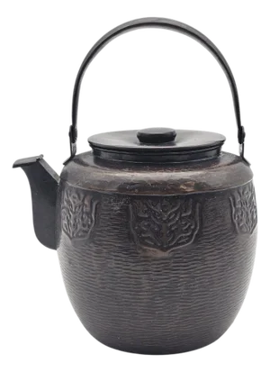 Vintage Japanese-Style Cast Metal Teapot With Hammered Texture and Crest Cartouches