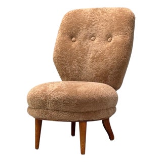 Swedish Modern, Slipper Chair, Brown Sheepskin, Birch, Sweden, 1950s For Sale