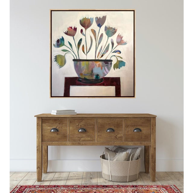 This colorful abstract acrylic painting includes a maple wood floater frame and will suit a wide variety of decor