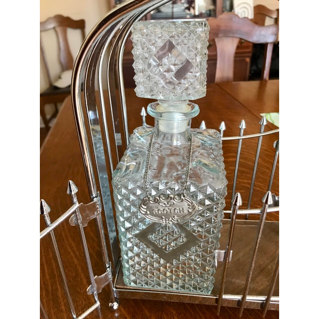 Mid-Century Modern Barware Chrome Caddy With Pressed Glass Liquor Bottles Set- 3 Pieces For Sale In West Palm - Image 6 of 7