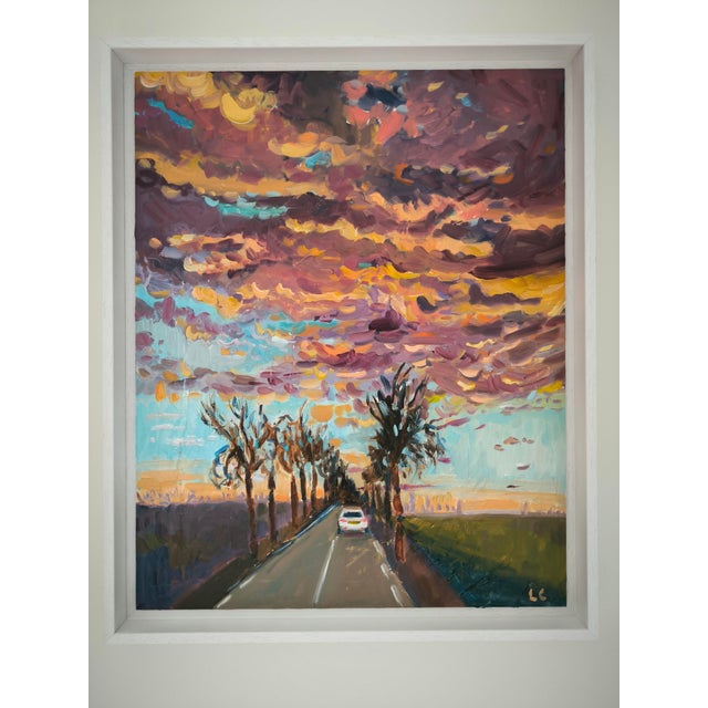 Linda Clerget, Stormy Sky on Favorite Road, Oil on Wood, Framed For Sale - Image 6 of 7