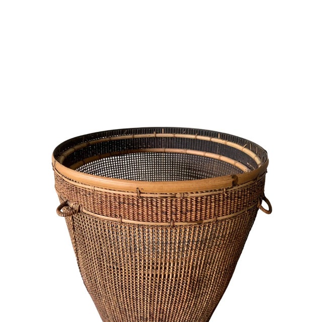 Wood Bamboo & Rattan Basket From Dayak Tribe, Hand-Crafted Borneo, Indonesia, C. 1950 For Sale - Image 7 of 10