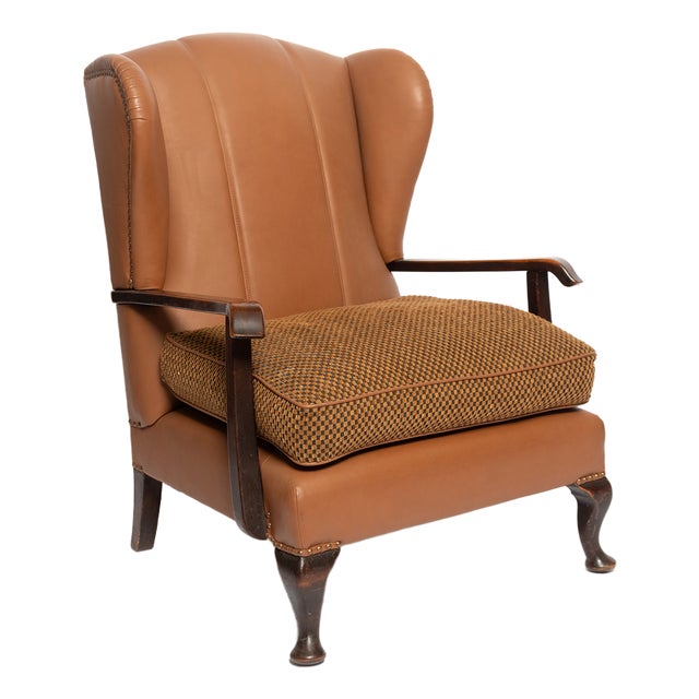 Antique Comfortable Fireside Chair with Wooden Armrests and Loose Genuine Down Cushion, 1900s For Sale