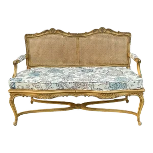 Mid-Century French Louis XV Style Caned and Carved Settee in Floral Linen