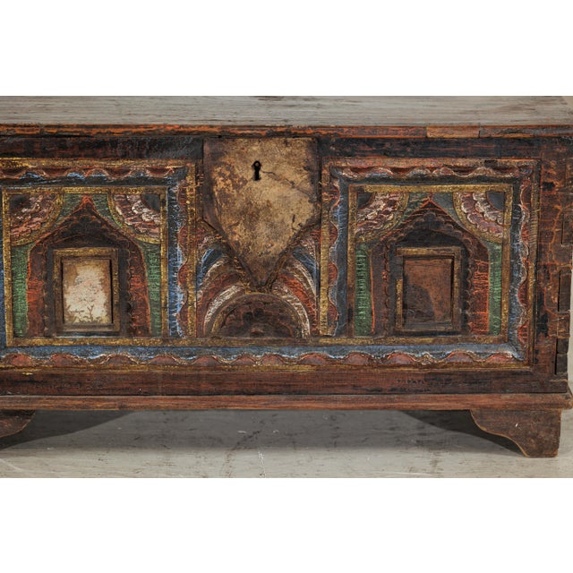 Antique Indian Painted Chest with Hinged Lid and Traces of Original Mirrors For Sale In New York - Image 6 of 18