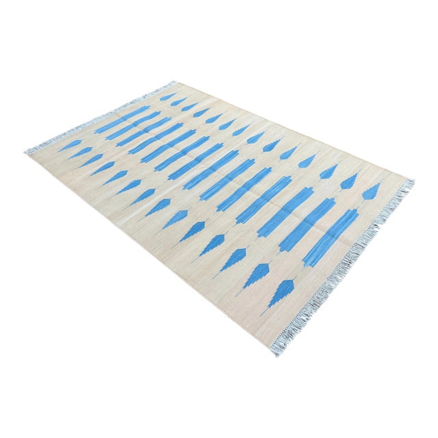 Not Yet Made - Made To Order Handmade Cotton Natural Vegetable Dyed Cream and Sky Blue Striped Rug - 12'x15' For Sale