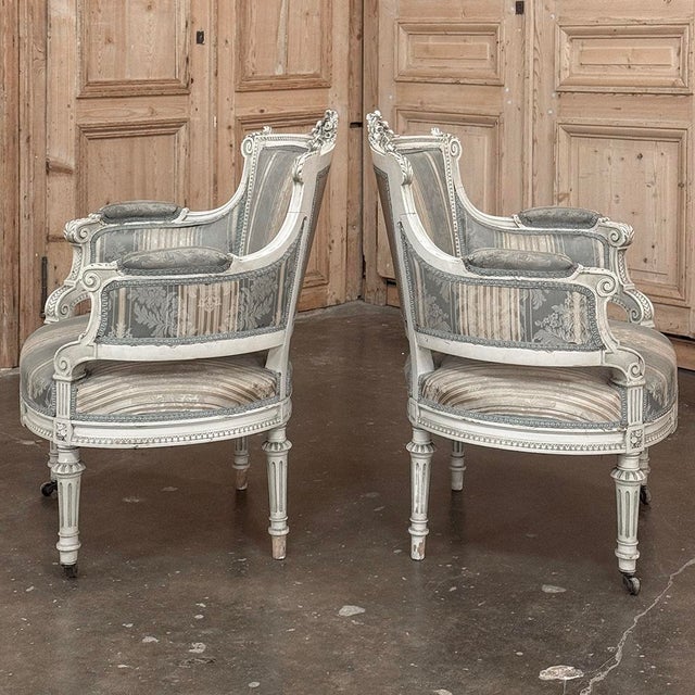 Wood Pair of Louis XVI Painted Bergères ~ Paris For Sale - Image 7 of 15