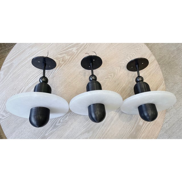 Apparatus Apparatus Studio Median Mono Alabaster & Blackened Brass Pendants - Set of 3 For Sale - Image 4 of 14