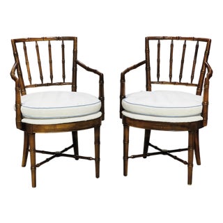 Late 20th Century Pair of Coastal-Style Armchairs Attributed to Drexel With Faux Bamboo Frames and Custom Upholstery For Sale