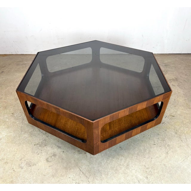 Wood 1970’s Mid Century Modern Lane Furniture Hexagonal Coffee Table, Smoked Glass Top For Sale - Image 7 of 12