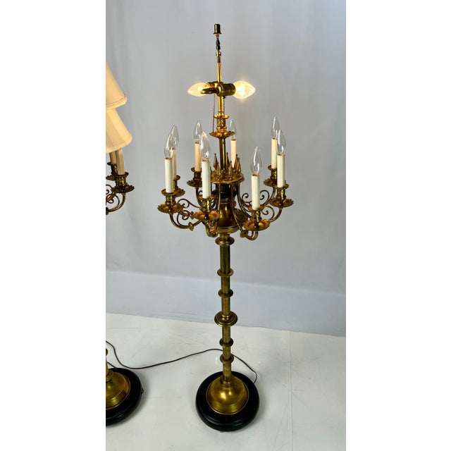 Mid 20th Century Neoclassical 10-Light Brass Candelabra Floor Lamps With Shades - a Pair For Sale - Image 9 of 17