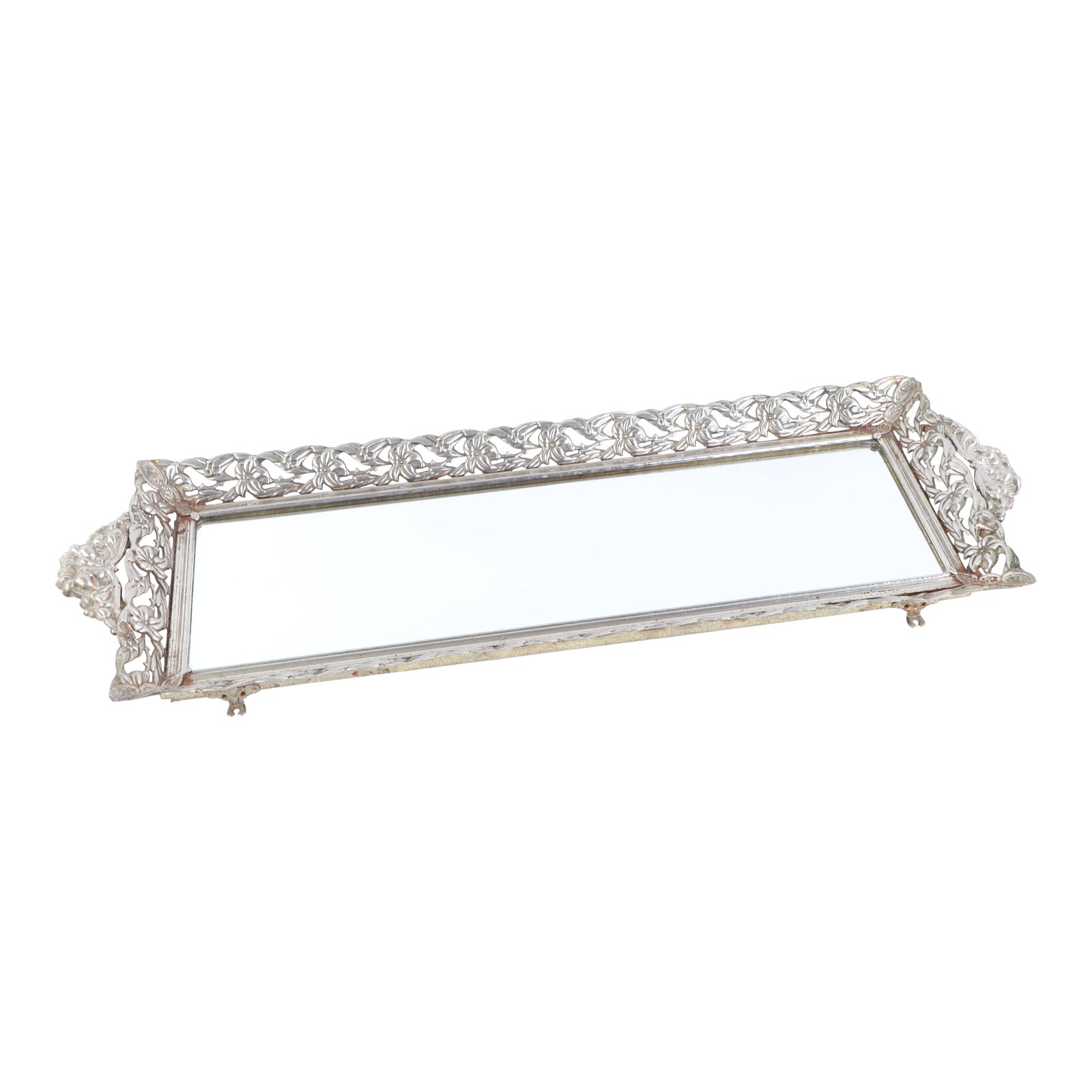 Vintage 1960s Mid Century Floral Silver Mirrored Vanity Bar Tray Chairish