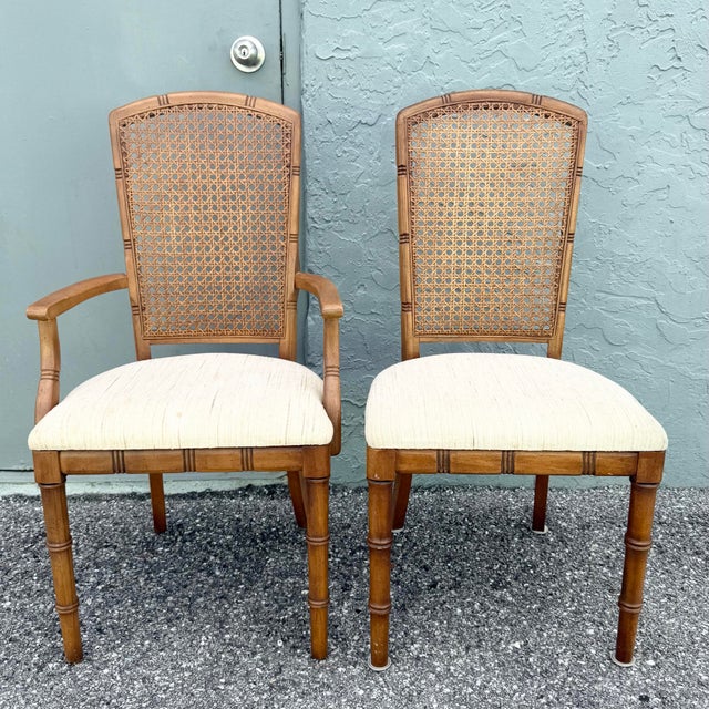 Boho Chic Vintage Boho Chic Faux Bamboo Cane Back Dining Chairs by Chaircraft - Set of 6 For Sale - Image 3 of 12