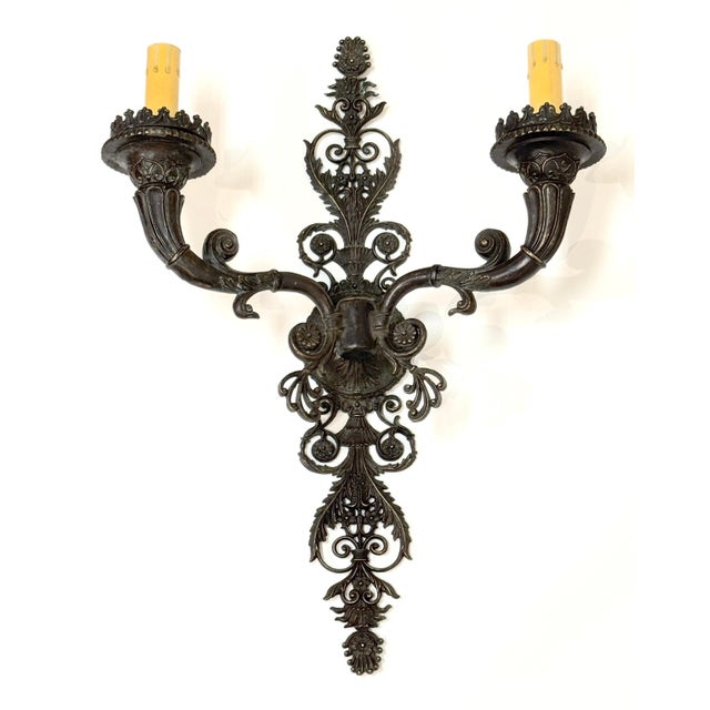 Large Pair of French Patinated Bronze Neoclassical Sconces, Mid 20th Century For Sale - Image 11 of 18