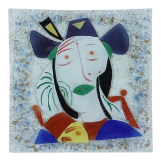 Colorful Abstract Face Fused Glass Serving Platter in the Manner of Picasso, Circa 1990 For Sale