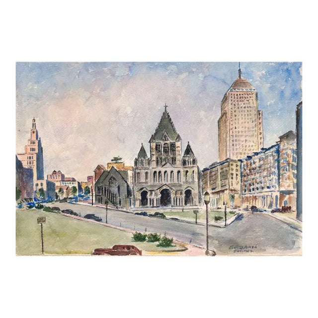 1952 John Dary Aiken Copley Square Boston Watercolor For Sale