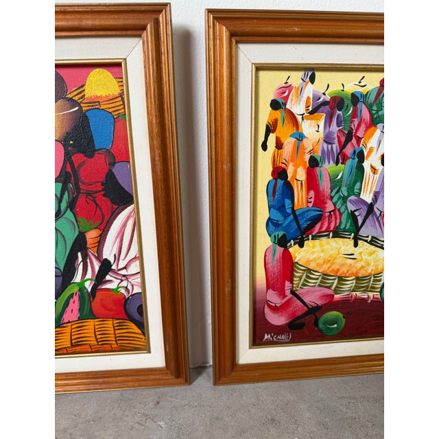 Orange Vintage Haitian Folk Art Market Scene Oil on Canvas Painting by Michael, Wood Framed For Sale - Image 8 of 12