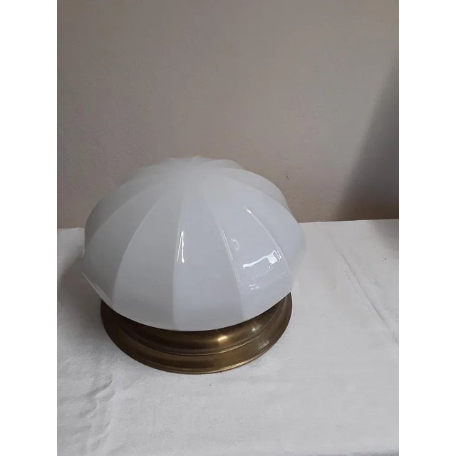 Flat Vintage Ceiling Lamp with Profiled Brass Mount & Segmented Opaque White Glass Screen, 1980s, in Very Good conditions....