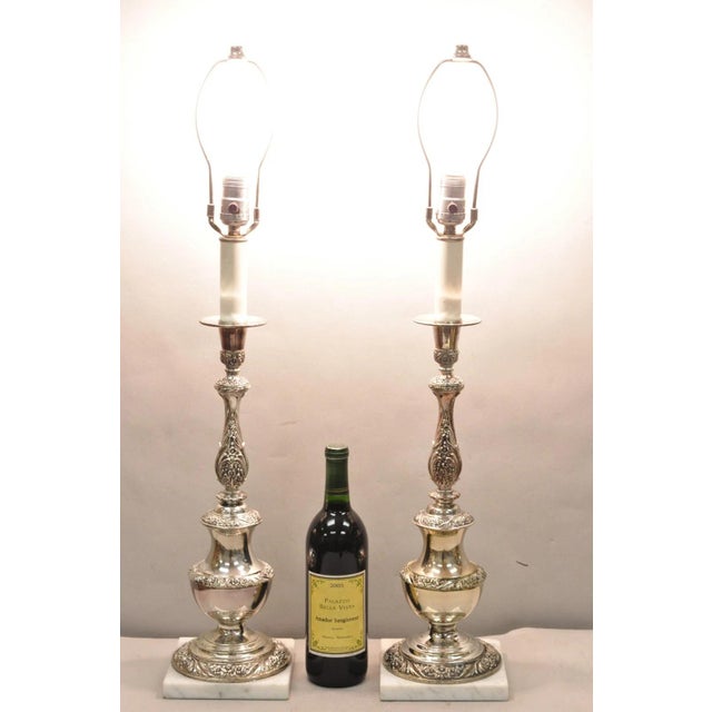 Vintage International Victorian Style Silver Plate Floral Repousse Candlestick Table Lamps - a Pair. Circa Mid 20th...