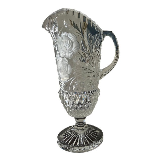 Vintage European Lead Crystal Pedestal Pitcher/Vase, With Frosted Floral Medallions. For Sale