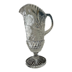 Vintage European Lead Crystal Pedestal Pitcher/Vase, With Frosted Floral Medallions.