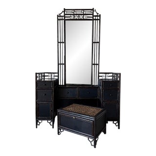 Vintage Chinoiserie Black Lacquered Bamboo Vanity Dressing Table With Mirror, Side Cabinets & Wicker Bench For Sale