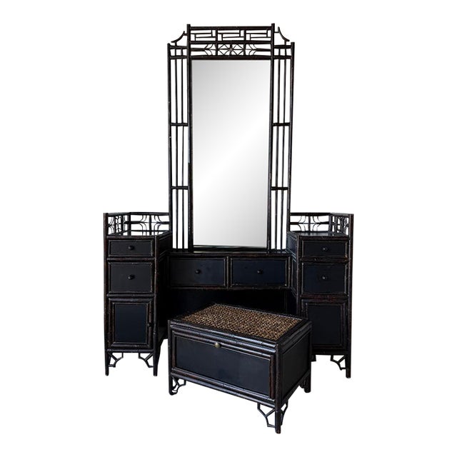 Vintage Chinoiserie Black Lacquered Bamboo Vanity Dressing Table With Mirror, Side Cabinets & Wicker Bench For Sale