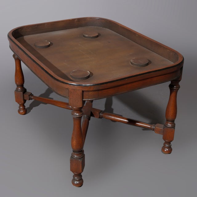 Traditional English Georgian Style Walnut Tea Table & Removable Toleware Serving Tray 20th For Sale - Image 3 of 12