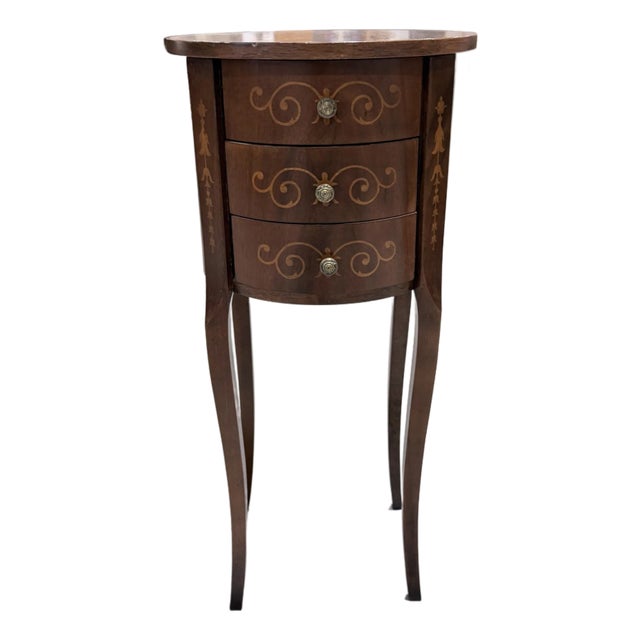 Vintage Italian Inlaid Round Three Drawer Chest Table For Sale