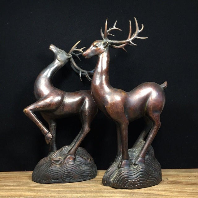 Metal Solid Copper Pair of Lucky Wealth Deer (Zhaocai Lu) - Heavy Bronze Deer Figurines With Antlers For Sale - Image 7 of 9
