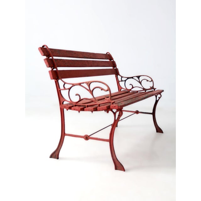 Metal Vintage Red Iron and Wood Garden Bench For Sale - Image 7 of 15
