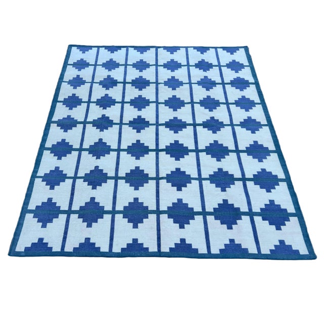 Handmade Cotton Vegetable Dyed Area Rug, Cream, Blue and Teal Blue Star Striped Dhurrie - 9'x12' For Sale - Image 9 of 10