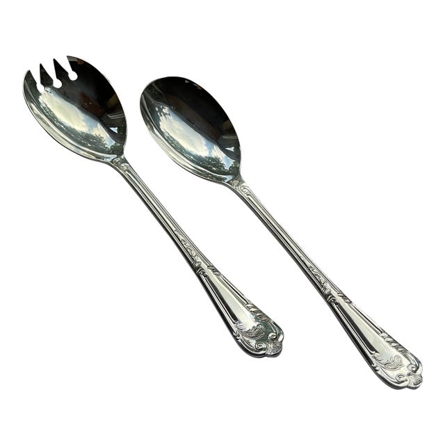 1980s Silver Pair Salad Servers, Salad Spoon & Salad Fork, La Regence For Sale